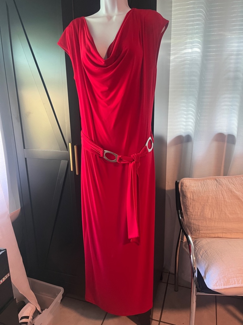 Calvin Klein Red Cowl Neck Maxi Dress with Belt Detail